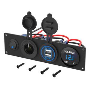 lot 18392 image: 4 in 1 Charger Outlet Socket Panel 12V DC 4.8A Dual USB Power Outlet & 12 Volt Cigarette Lighter Socket & LED Voltmeter & Lighted ONOff Rocker Toggle Switch for Marine Boat Truck RV Car - Retail $15