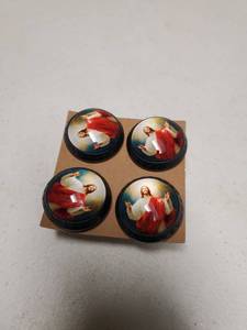 lot 18393 image: Set of 4 Decorative doorknobs with Religious Imagery and Brass Fittings - Retail $10