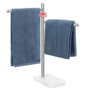 lot 18412 image: Hand Towel Holder, F-Shape Hand Towel Stand with Marble Base, Stainless Steel Swivel Hand Towel Rack Standing Towel Bar for Bathroom Kitchen Countertop, 2 Arms (Brushed Nickel) - Retail $20