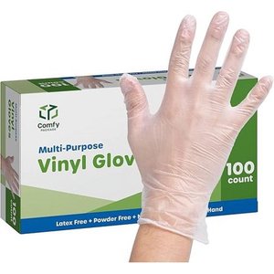 lot 18421 image: Comfy Package Disposable Vinyl Gloves Food Grade Latex-Free Clear  100-Pack Large - Retail $16