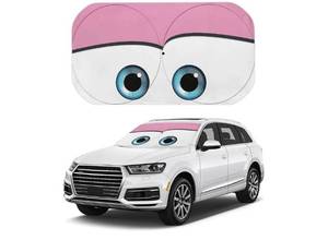 lot 18430 image: Funny Eyes Car Windshield Sun Shade 52.4x28.3 Cartoon Pink Eyebrows - Retail $20