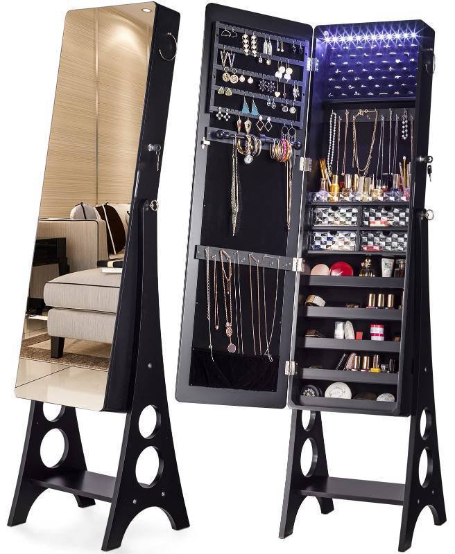 lot 59890 image: YOKUKINA Mirror Jewelry Cabinet Standing, Large Storage Jewelry Armoire, Full-Length Frameless Mirror with Jewelry Storage, 12 LED Lockable Standing Jewelry Organizer (Black)
