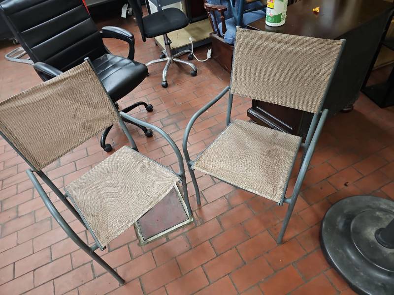 lot 59928 image: Set of 2 grey steel Stacking patio chairs