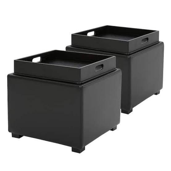 lot 61037 image: Square Black Storage Ottoman with Serving Tray