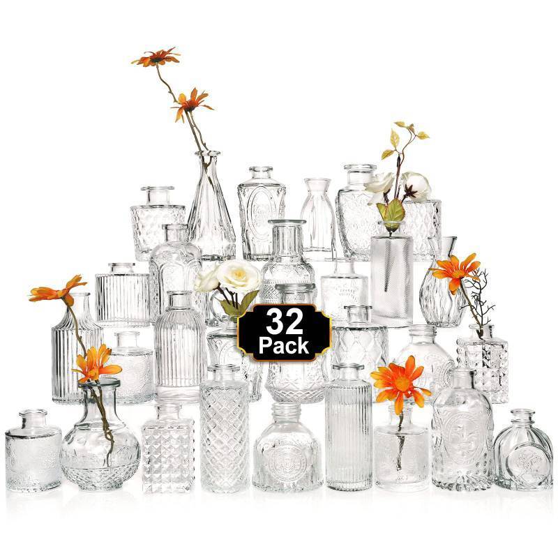 lot 61057 image: Arme Glass Bud Vase Set of 32 Pcs��Small Glass Vases for Flowers��Clear Bud Vases in Bulk��Vintage Vases for Centerpieces��Small Glass Bud Vase for Rustic Wedding Decorations��Home Table Flower D�cor