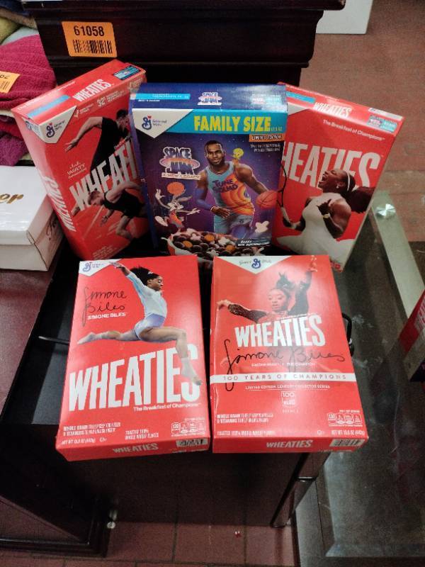 lot 61066 image: Set of 6 Limited Edition Cereal Boxes (Simone Biles, Serena Williams, JJ Watt, KU Basketball(Empty), Space Jam)
