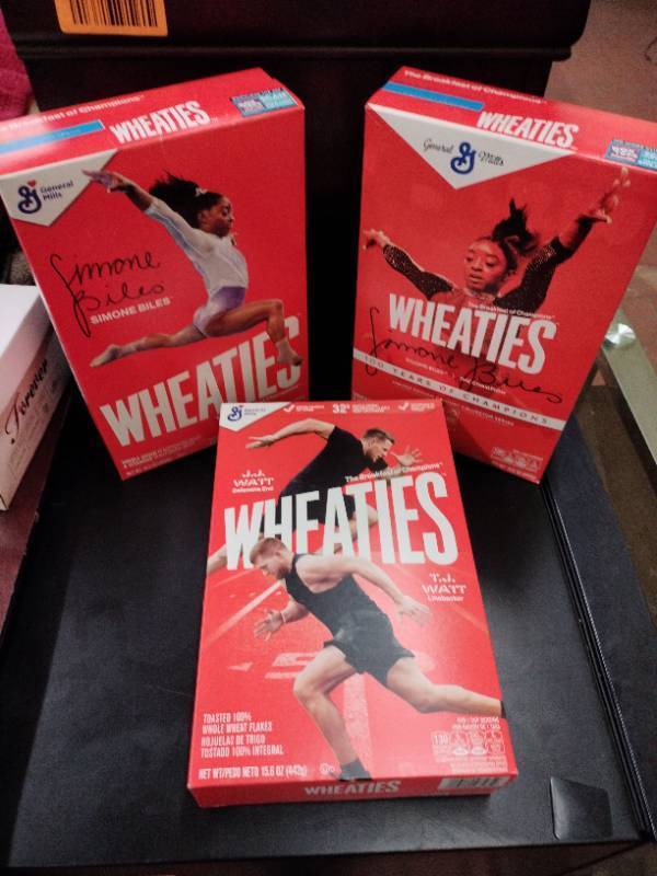 lot 61068 image: Set of 3 Limited Edition Cereal Boxes (Simone Biles, JJ Watt)