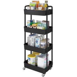 lot 20963 image: Laiensia 4-Tier Rolling Cart with Wheels,Multifunction Utility Storage Carts, Kitchen Storage Organizer,Mobile Shelving Unit for Bathroom,Laundry,with Classified Stickers,Black
