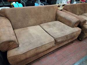 lot 63826 image: brown microfiber faux-suede two-cushion sofa
