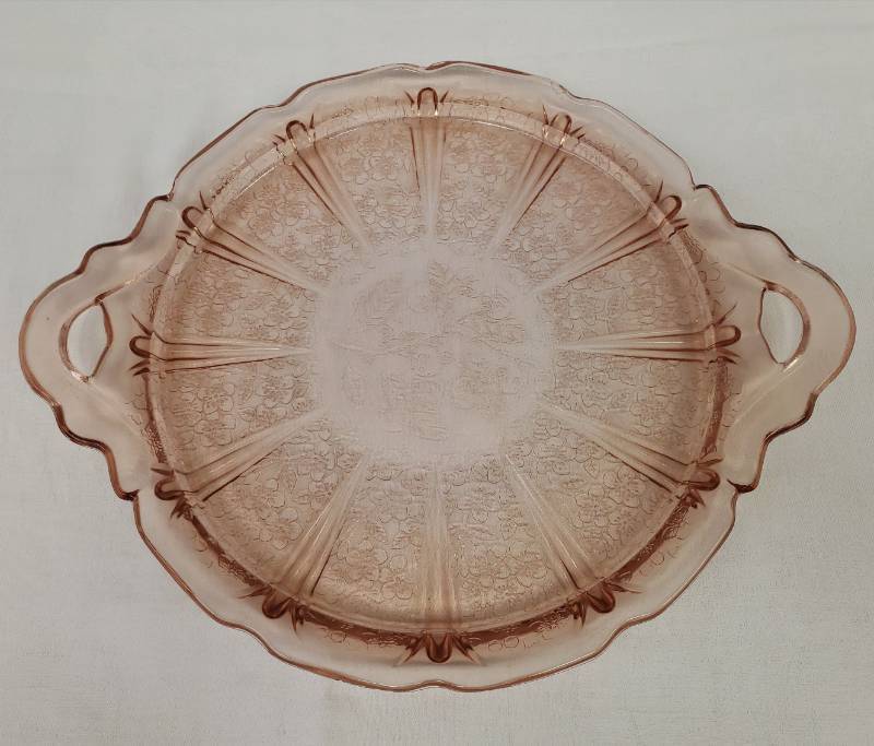 lot 100 image: 1930s Jeannette Glass Company Pink Depression Glass - Cherry Blossom Pattern - Tab Handled Sandwich Tray - 12.5in W
