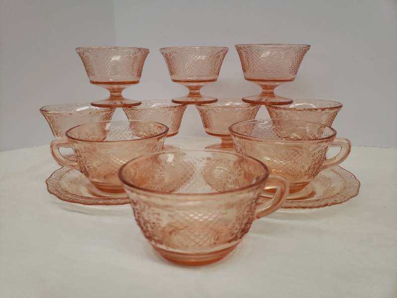 lot 101 image: Vintage Federal Glass Pink Depression Glass - Normandie Bouquet & Lattice Pattern - 7 Stemmed Sherbet Dishes, 3 Cups, & 2 Saucers