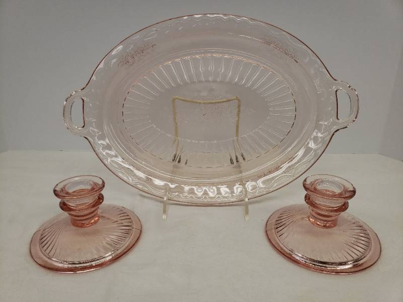 lot 103 image: Vintage Pink Depression Glass  Anchor Hocking MayfairOpen Rose Pattern 14in L Oval Platter, and Pair SpiralSwirl Taper Candle Holders 2.5in T x 4.25in W base