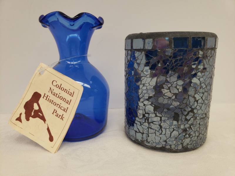lot 108 image: Vintage Hand Blown Jamestown, VA Cobalt Glass Vase - from the Colonial National Historicl Park - Original Hang TagCard - 5.5in T and Irridescent Blue Mosaic Stained Glass Candle Lantern 4.75in T