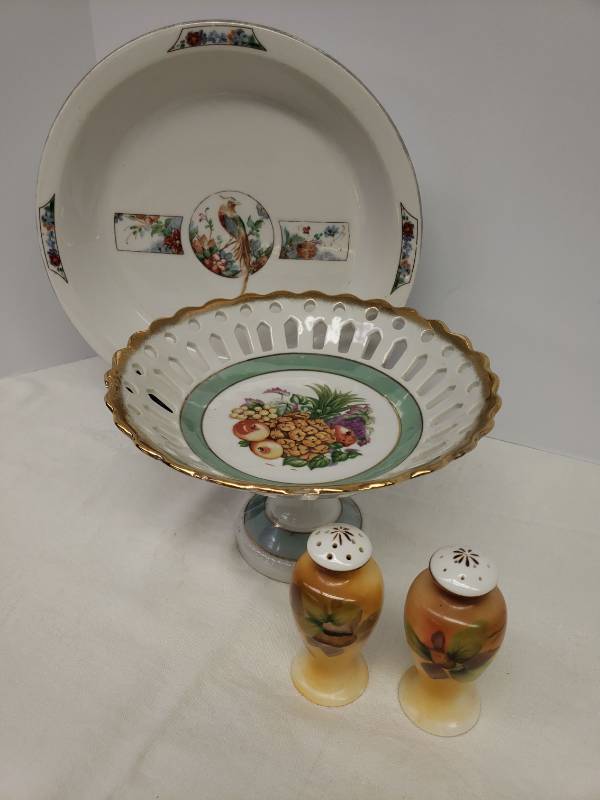 lot 111 image: Vintage Royal-Rochester Royalite Stamped Baking Dish by Ohio Fraunfelter China wBird of Paradise & Fruit, Porcelain Pierced Edge Pedestal Dish with Gold Trim, and Vintage Pair of Hand Painted Porcelain SaltPepper Shakers
