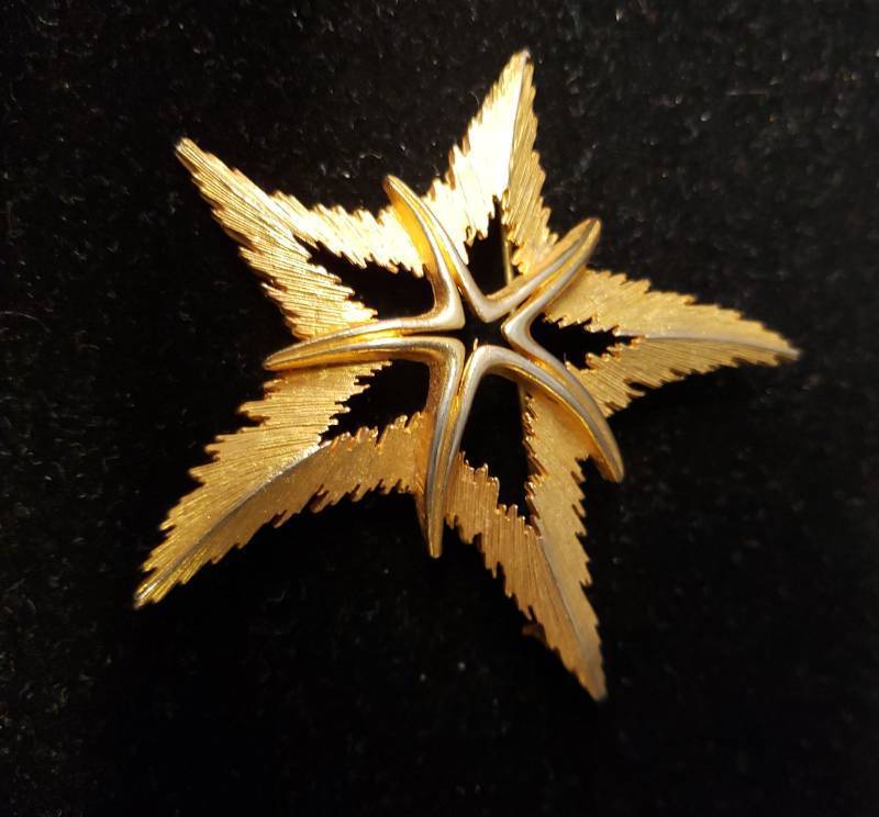 lot 118 image: Vintage Signed JJJonette Jewelry Gold Tone Textured Star with Starfish Brooch - 2.75in W