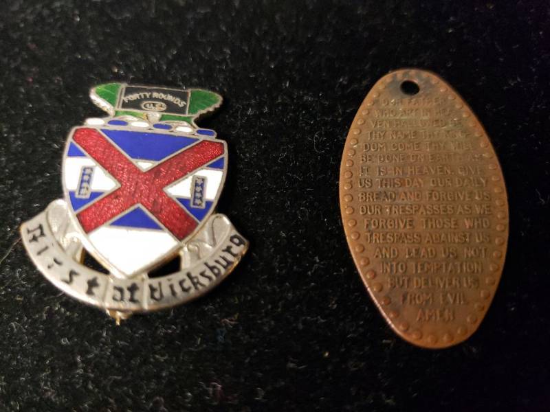 lot 121 image: Vintage U.S. Army WWII 13th Infantry Regiment Crest Lapel Pin - Enamel on Gold Metal - Forty Rounds USA  FIRST AT VICKSBURG - 1.25in T x 1in W, and Vintage Embossed Copper Lords Prayer Pendant - 1.5in T x .75in W