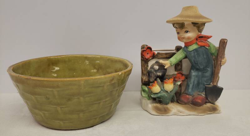 lot 128 image: Vintage Lefton Original Hand Painted Ceramic Planter - Boy with Dog Planting Flowers and USA Art Pottery Olive Green Woven Basket design Bowl