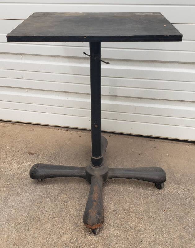 lot 18 image: Vintage Shop TableCart on Casters - Metal Pedestal Base with Wood Top - 20in x 16in x 32in T