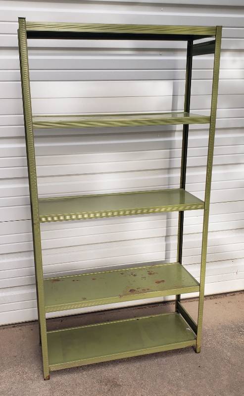 lot 22 image: Vintage Green Metal 5 Shelf Storage Unit - 31in W x 16in D x 60in T, and 6 FlowerPlanter Boxes