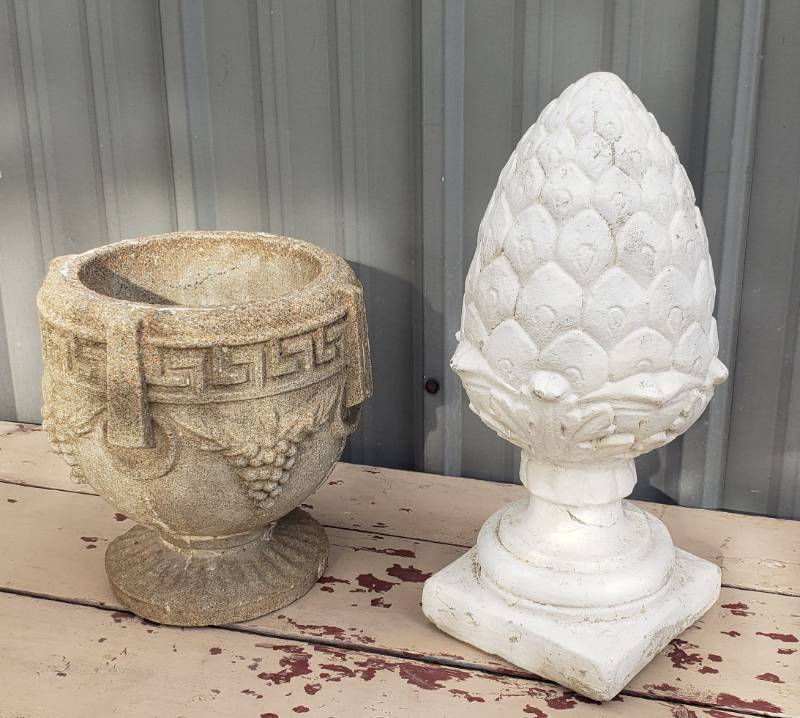 lot 26 image: Vintage Outdoor Cement Decor PorchGarden Planter 10in T, and Pineapple Post 15.5in T