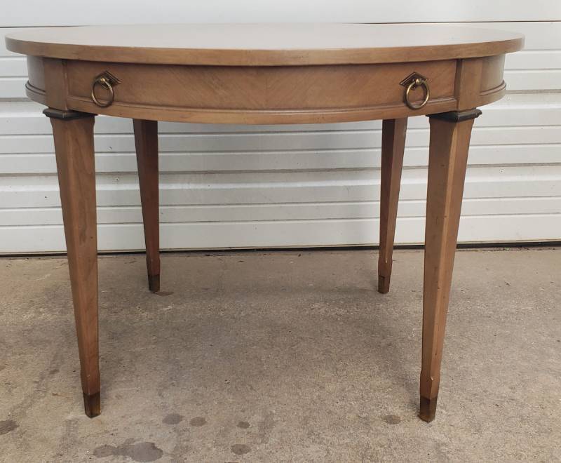 lot 28 image: Vintage 1960s Round Wood Occasional Table with Drawer and Brass Foot Caps & Drawer Pull - 36in W x 25in T