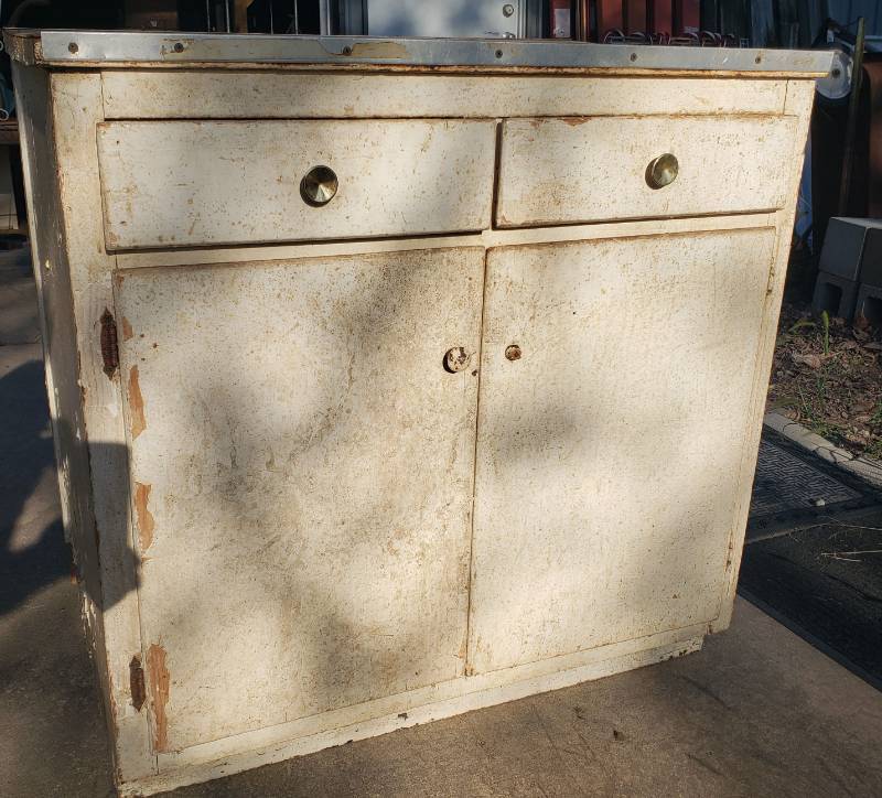 lot 32 image: Vintage Wood Kitchen Cabinet - Used for a Shop Work Bench - 2 Drawers and Under Storage - 37in W x 25in D x 36in T