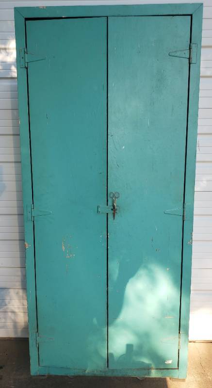 lot 36 image: LARGE Vintage Painted Wood ShopStorage Cabinet - 3 Adjustable Height Shelves - 36in W x 28in D x 81in T