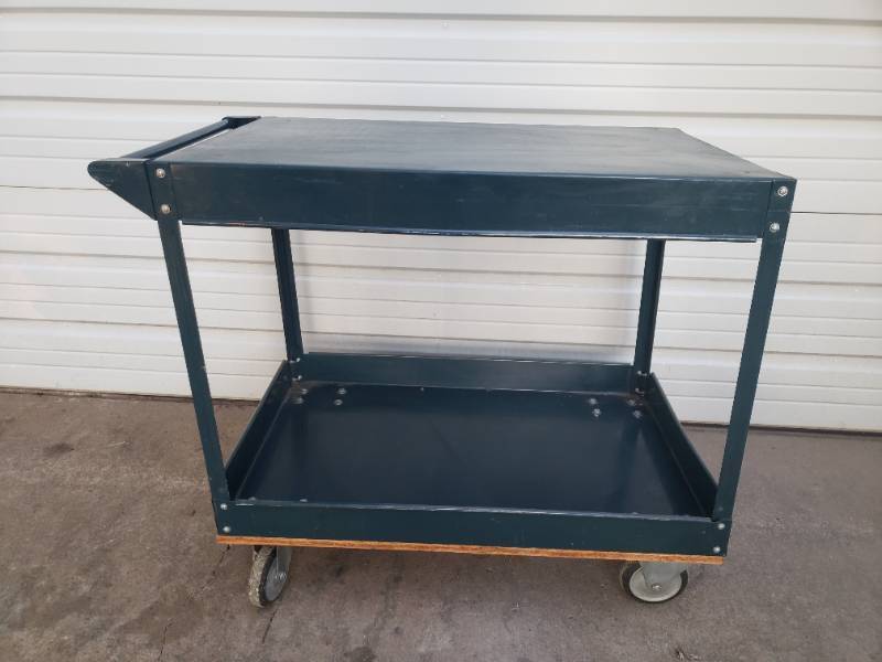 lot 52 image: Metal Shop Cart on Wheels with Under Shelf - 10in L x 25in W x 33in T