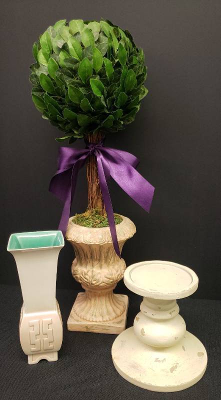lot 135 image: Vintage Roselane Art Pottery Asian Design Urn Vase Stamped #225 with Original Foil Sticker - 8in T, Faux Topiary Ball Tree in Ceramic Planter - 21.5in T, and Chippy Farmhouse Pillar Candle Stand - 6in T