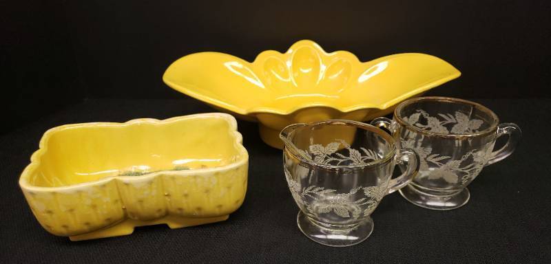 lot 136 image: Vintage Miramar of California #823 Yellow Glaze Fluted Console Bowl 12in W x7in W x 3.25in T, UPCO USA Pottery Yellow Glaze Planter - 6.25in W, and Vintage Bartlett Collins Golden Grapes Pattern Embossed CreamSugar Set