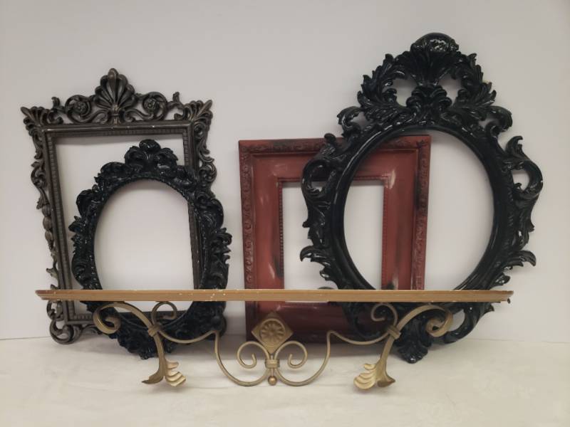 lot 137 image: 4 Large Cast Resin Decorator Frames - Largest is 22in T, and Wood & Scroll Metal Wall Shelf - 30in x W x 7in D x 6.25in T