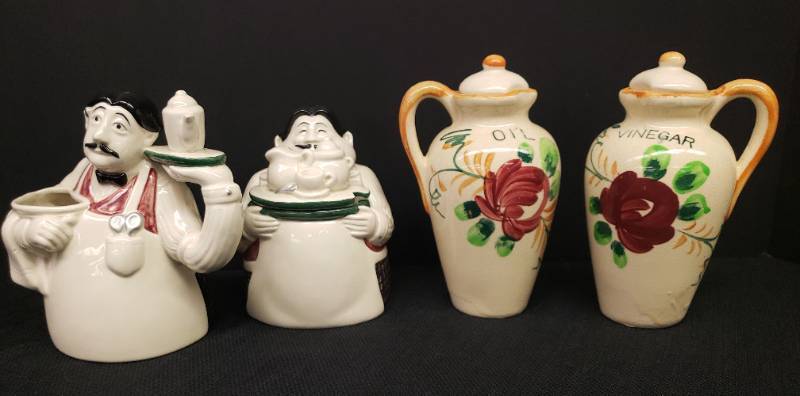 lot 139 image: Vintage Department 56 Coffee Break Handpainted Ceramic Itialian Bistro Waiters Cream & Sugar Set, and Antique Crockery Handpainted Oil & Vinegar Cruet Set - 6in T
