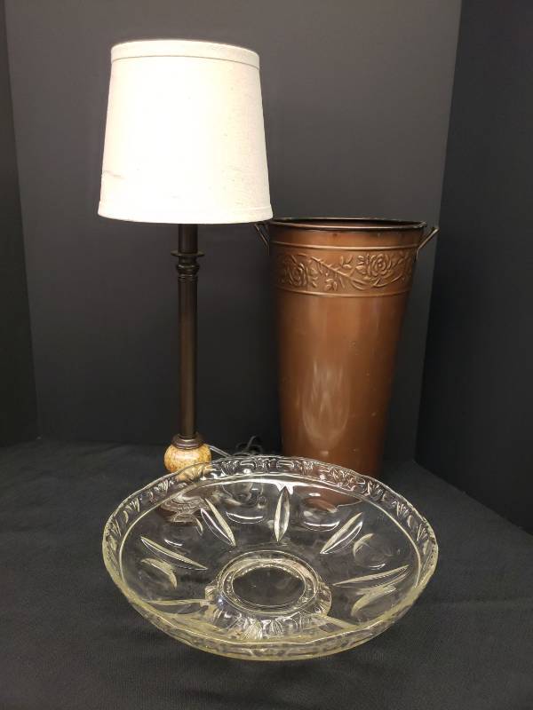 lot 140 image: Large Vintage Pressed Crystal Pedestal Centerpiece Bowl - 12.5in W x 4in T, Buffet Candlestick Lamp - Works - 21.5in T, and Large Hosley Stamped & Embossed Copper Flower Bucket with Handles