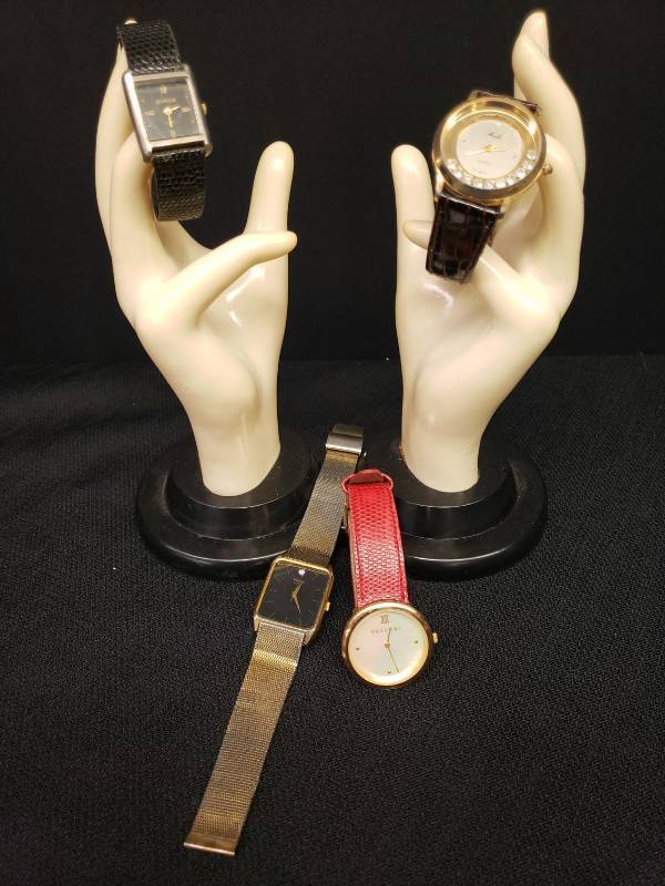 lot 145 image: 4 Vintage Womens Wrist Watches - 3 with Leather Bands, 2 with Adjustable Metal Band - Moulin Quartz with Crystals, Trifari Mother of Pearl Face, Donna Quartz, & Pulsar Quartrz