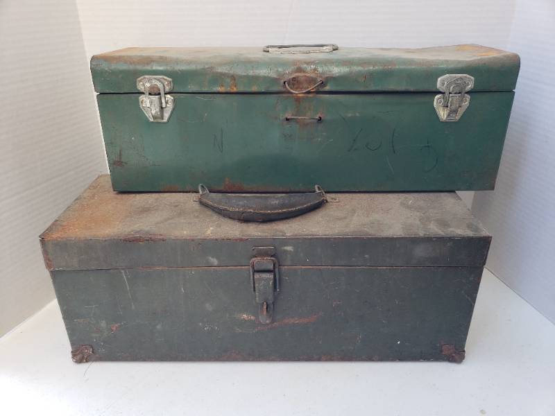 lot 64 image: Pair of Vintage Metal WorkShop Tool Boxes - One Stamped UNION Utility Chest - Both have inner Trays - Largest is 19in L x 7in W x 7in T