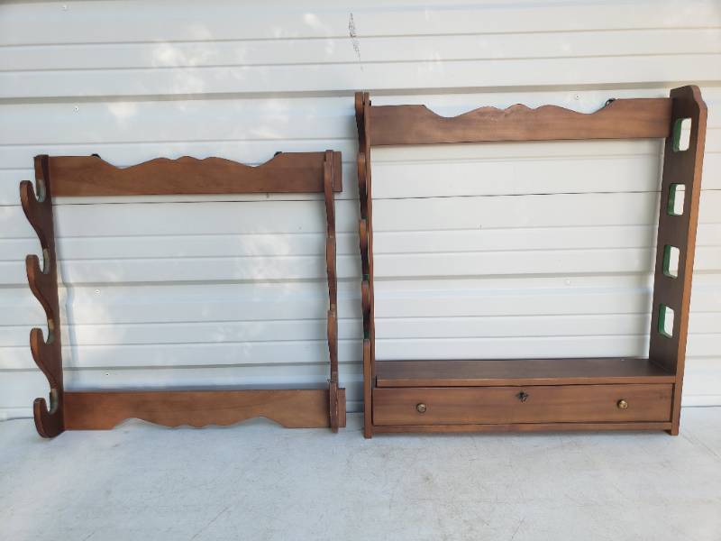 lot 70 image: Set of 2 Wood RifleGun Racks - One with Locking Safety Drawer with Key - Largest is 26in W x 5in D x 28in T