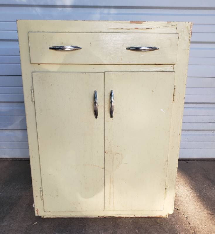 lot 72 image: Vintage Wood Kitchen Cabinet - Needs Counter Top - Painted Yellow - 24in W x 24in D x 34in T