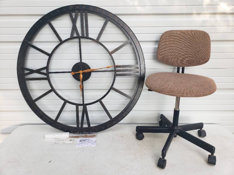 lot 78 image: Adjustable Swivel Office Chair on Casters, and Extra Large Battery Operated Round Wall Clock - 40in W - Can come apart in Sections