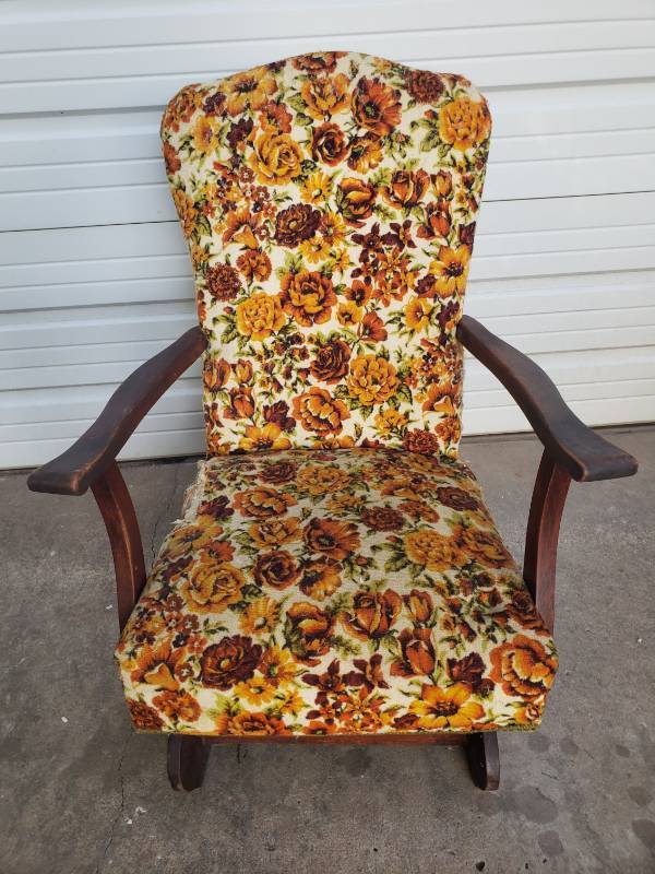 lot 82 image: Vintage Wood Frame Upholstered Rocker - Needs Repair to Fabric