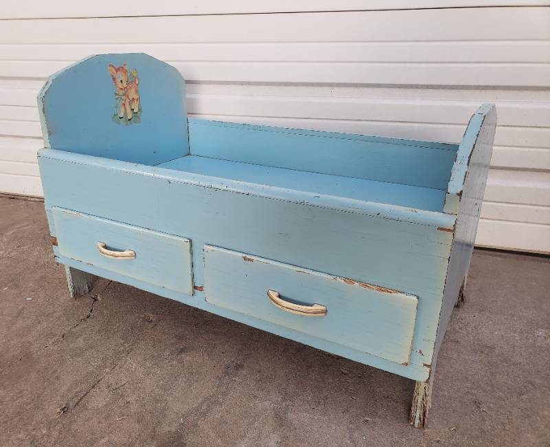 lot 88 image: Vintage Custom Made Wood BabyDoll Bed with Under Drawers - Painted Robins Egg Blue - 32in L x 21in W x 18in T
