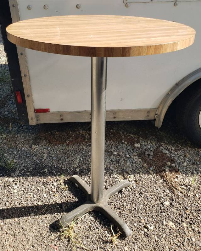 lot 92 image: Vintage Metal Pedestal Pub Table with Butcher Block Style Laminate Top - 30in W x 42in T