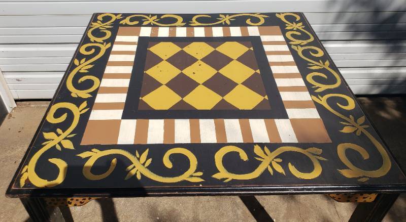 lot 3 image: Custom Painted Square Wood Dining Table - Legs are Removable for Transport - 42in L x 42in W x 30in T
