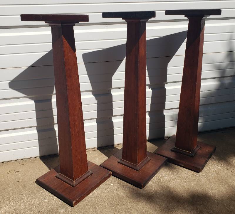 lot 7 image: 3 Antique Wood ArtScupturePlant Stands - 36in T - with 12in x 12in Bases