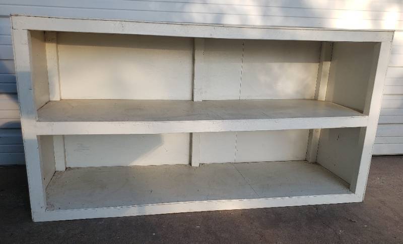 lot 150 image: Extra Large White Wood Storage Shelf UnitCabinet - 61in W x 21in D x 32.5in T