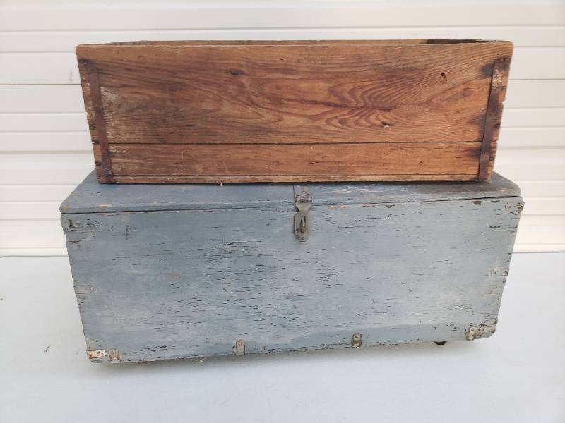lot 152 image: Vintage Wood Foot LockerStorage Trunk on Casters - 32in L x 15in W x 16in T, and Wood Storage Crate - 29in L x 15in W x 9.5in T