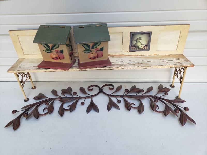 lot 153 image: Oversink Shelf - 34in W x 10in T, Metal Leaf Wall Decor - 35in L x 9in T, and Pair of Vintage Fruit Design Hand Painted Wood Recipe Box Kitchen Bookends - 6.5in L x 4.25in D x 7.25in T