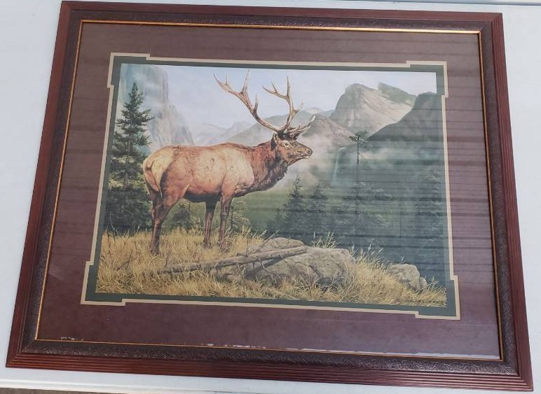 lot 158 image: Vintage Home Interiors Large Mountain Buck Wildlife Print - with Designer Stylized Mat & Framed in Dark Wood Frame - Artist Signed Willem S. DeBeer - 33.5in W x 27.5in T