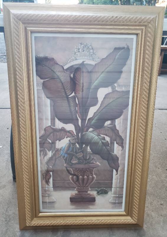 lot 159 image: Vintage Royal Pet 1 Print - Signed by Artist Janet Kruskamp - Monkey Under Banana Tree in Urn and Turtle in Background - under Glass in Gold Rope Design Frame - from Original Painting of 1948 - 19in W x 31in T