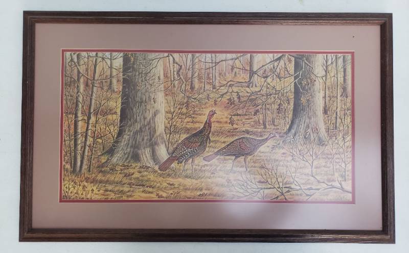 lot 160 image: Vintage Wild Turkey Art Print of Original Tinted Pincil Artwork by Tony Biagi -  Artist Signed -  Double Matted in Custom Dark Wood Frame - 33in W x 20.5in T
