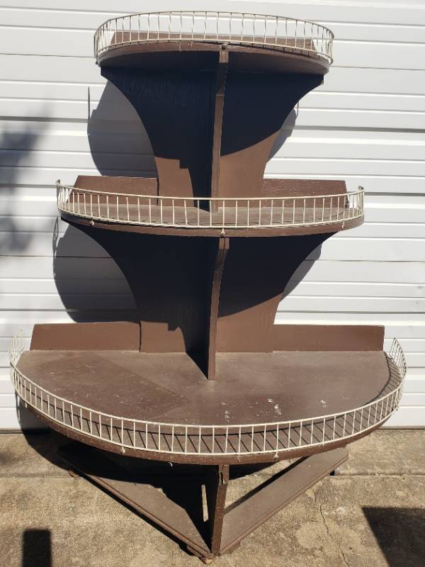 lot 161 image: Vintage General Store Wood Display Shelf on Casters - Half Round Design - 3 Shelves - with Curved Metal Front Guards - 45in W x 22in D x 52in T